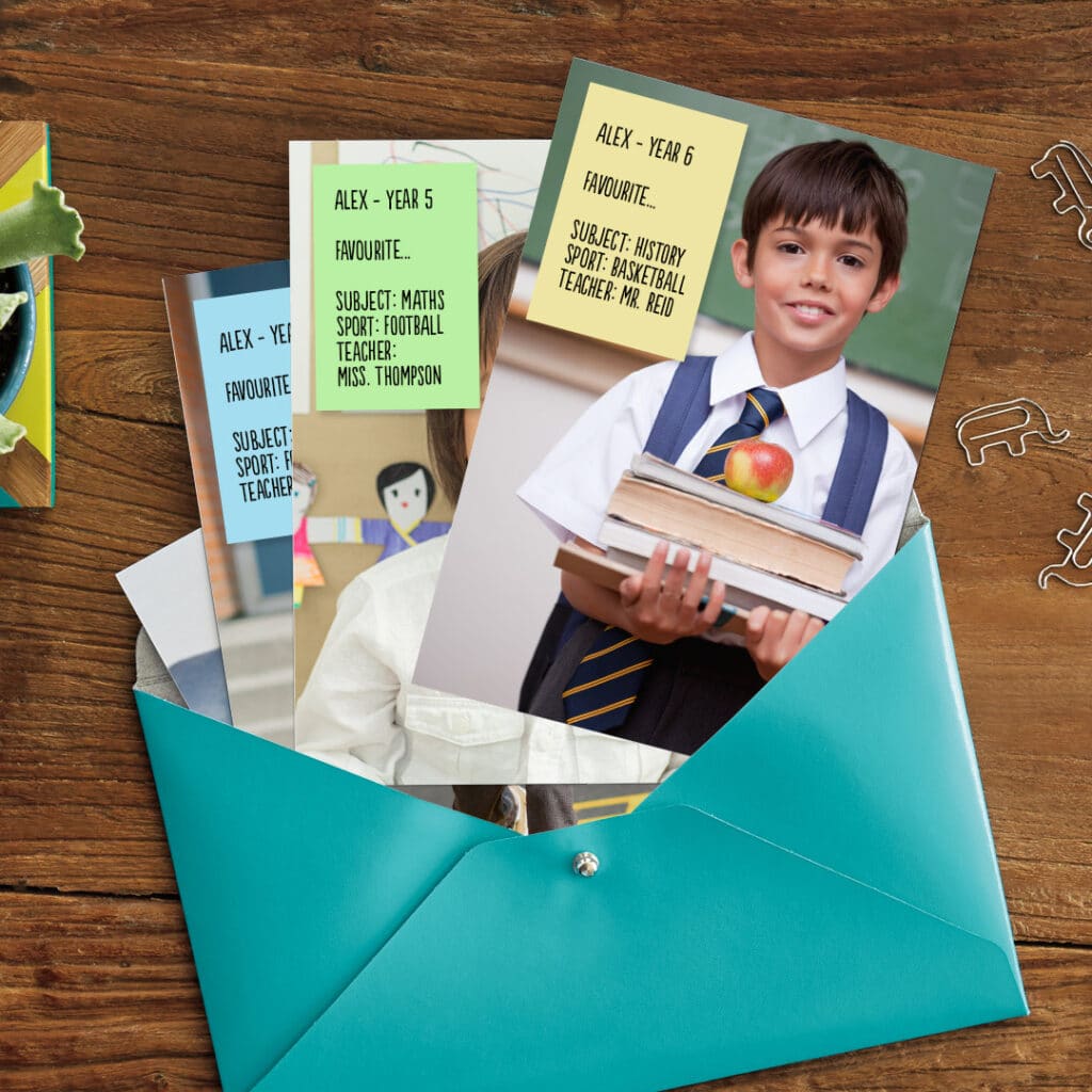 Create custom cards or prints with your child's best school photos and a list of their favourites!