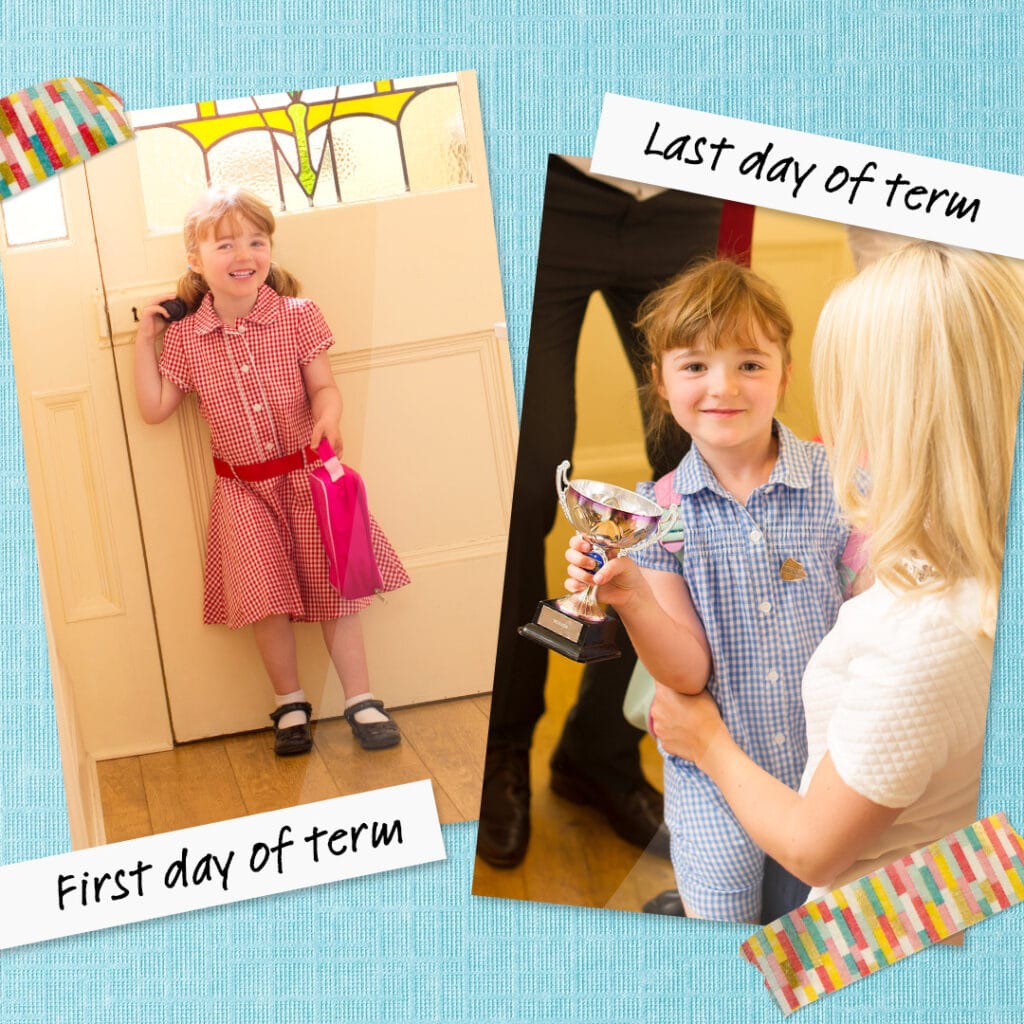 Decorate your wall or fridge with side-by-side prints of your superstar on their first and last day of school.