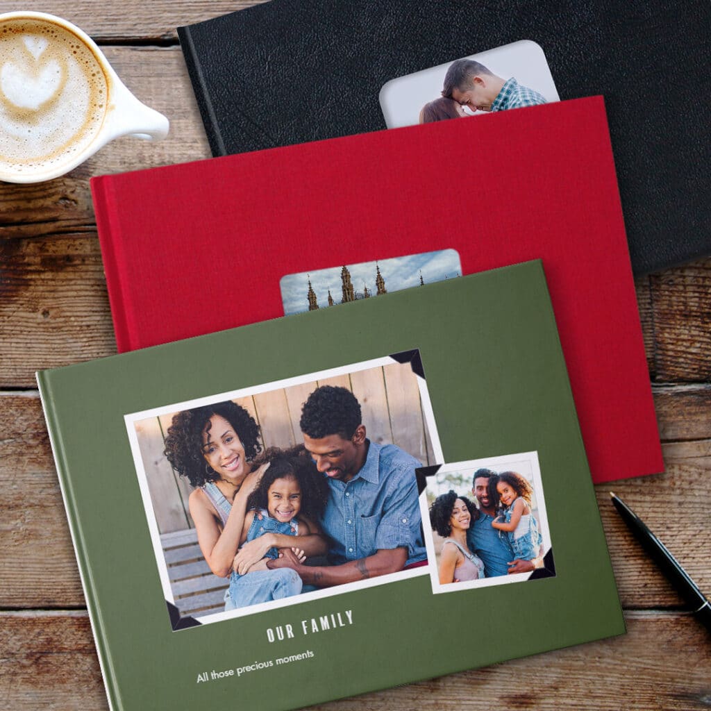 Photo Books can be bound with full photo printed covers or plain leather or linen covers.
