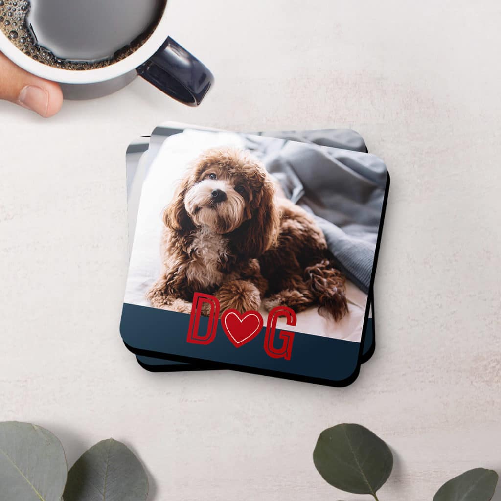 Printed coasters featuring a dog