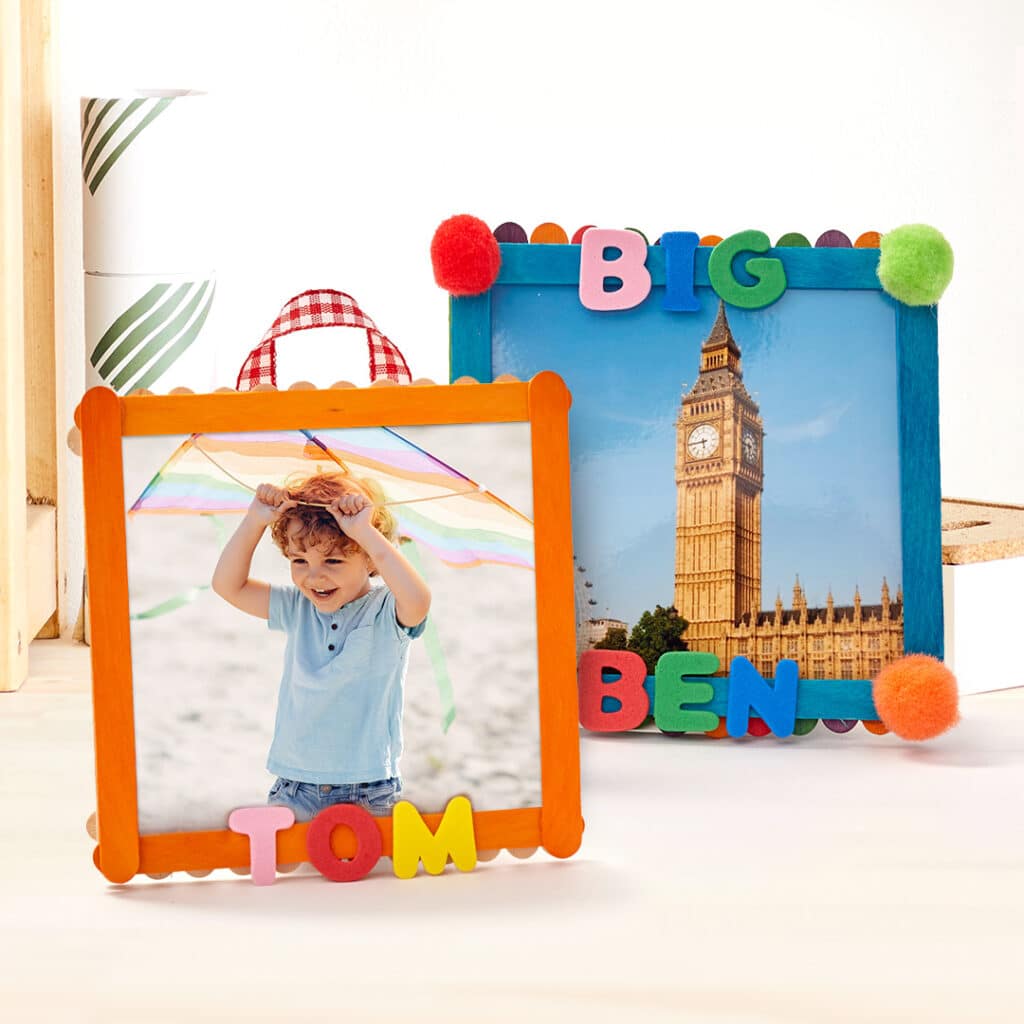2 DIY photo frames of coloured lolly sticks with images of a boy named Tom and Big Ben