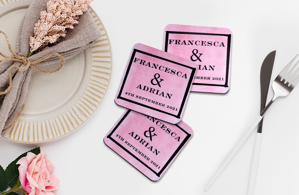 Give wedding guests custom coasters with the date of the marriage