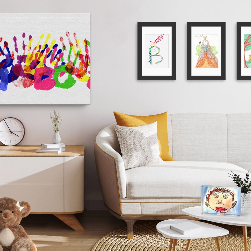 living room decorated with kid's wall art and acrylic prints