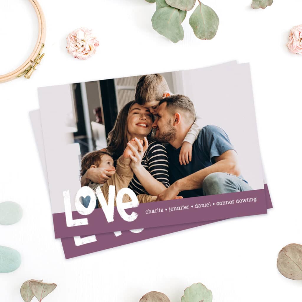 Two love cards printed with a photo of a happy family