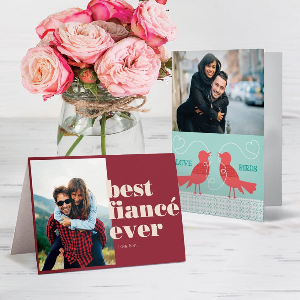 two valentine’s day cards to fiance with bouquet of flowers