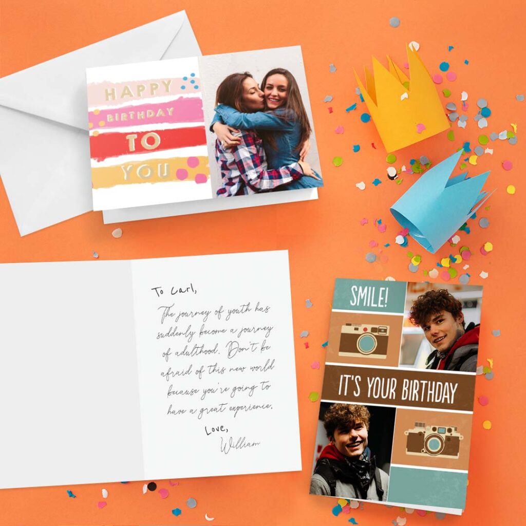open and closed birthday cards on orange confetti background