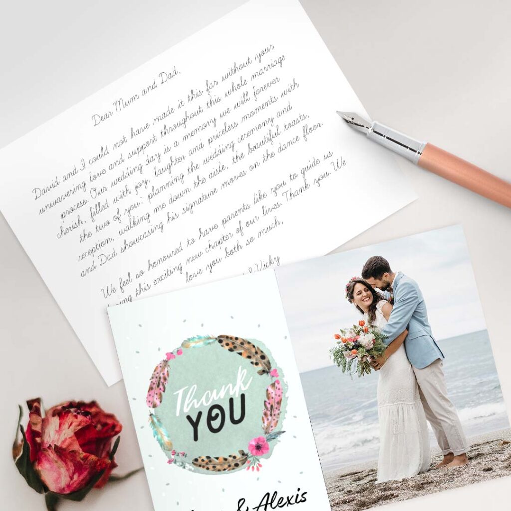 Print custom wedding thank you messages inside personalised wedding cards
