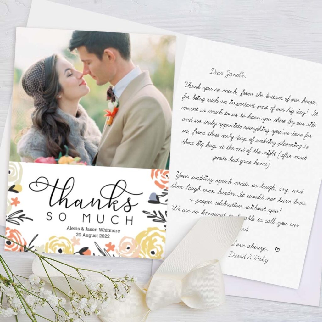 Print custom wedding thank you messages inside personalised wedding cards