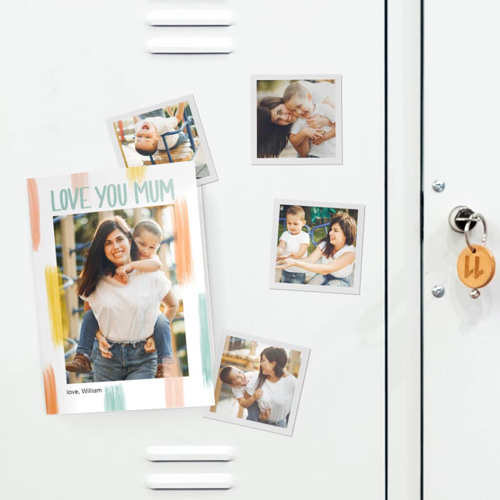 'love your mum' card and other magnetic square prints on a locker