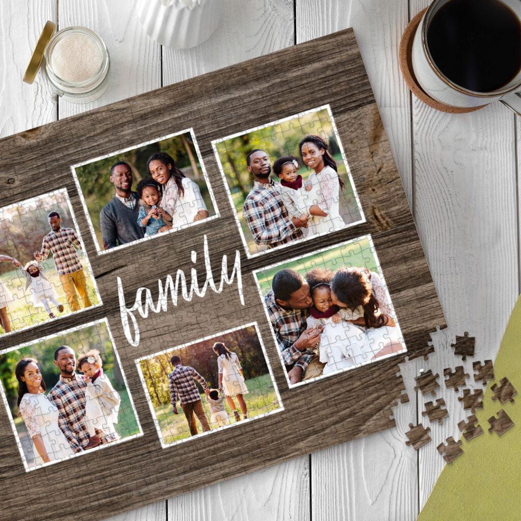 wooden family photo jigsaw - a collage of family pictures