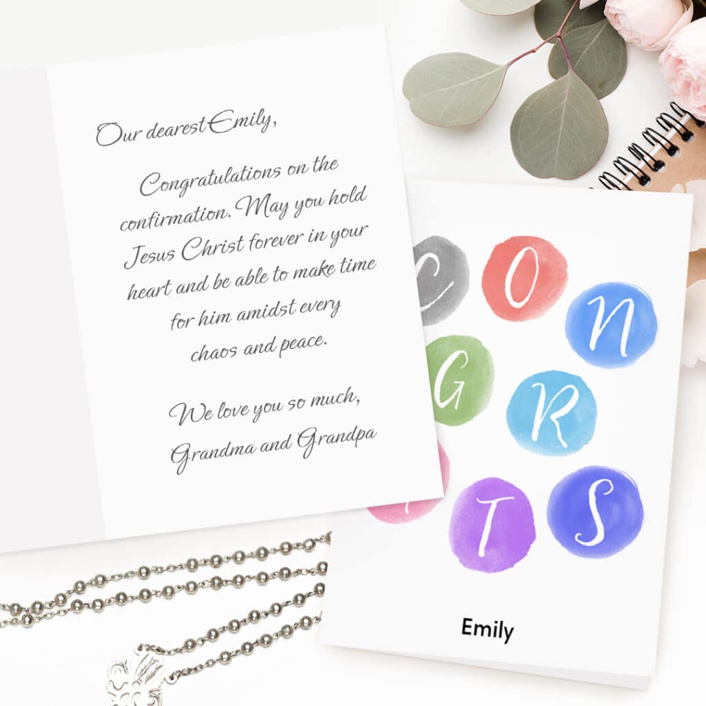 Print custom Confirmation messages in a personalised greeting card made with Snapfish.ie