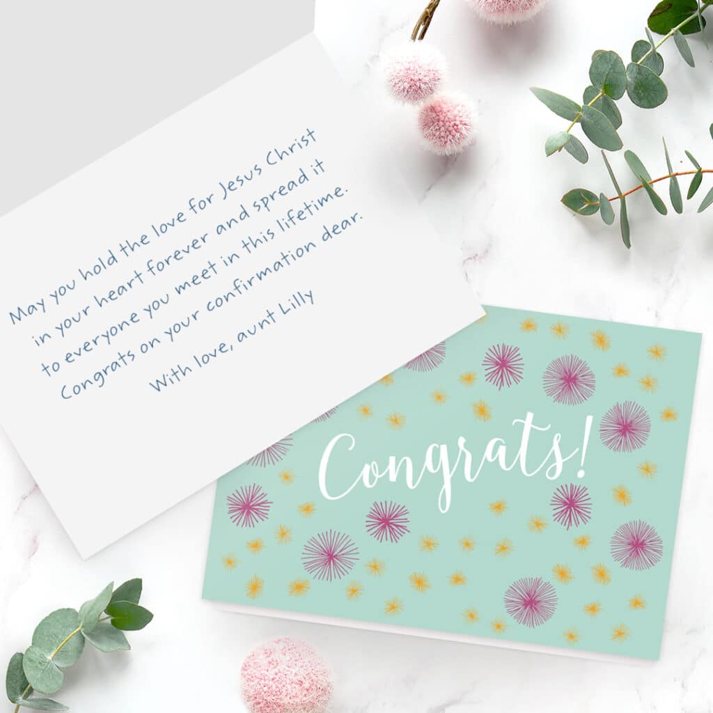 Print custom Confirmation messages in a personalised greeting card made with Snapfish.ie