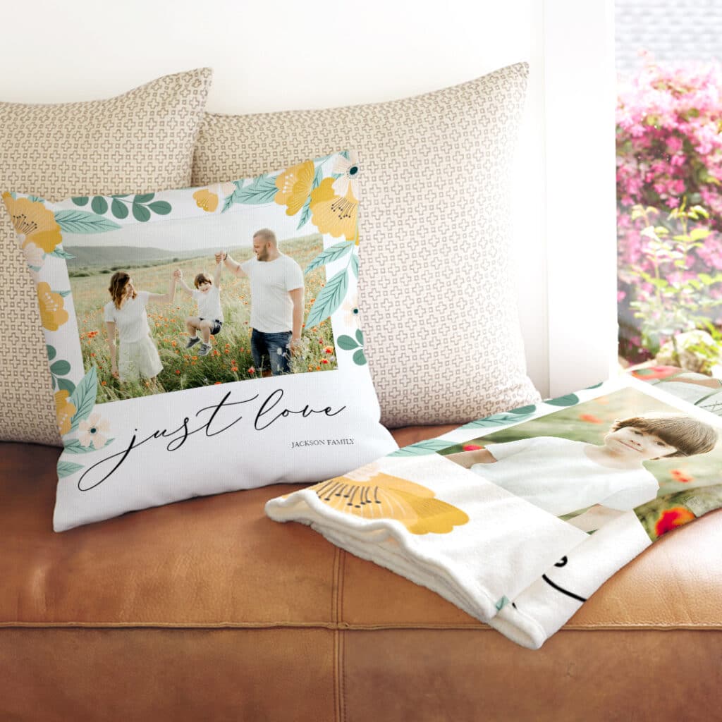 Create On-Trend Gifts With Snapfish like this Custom Cushion + Blanket Set