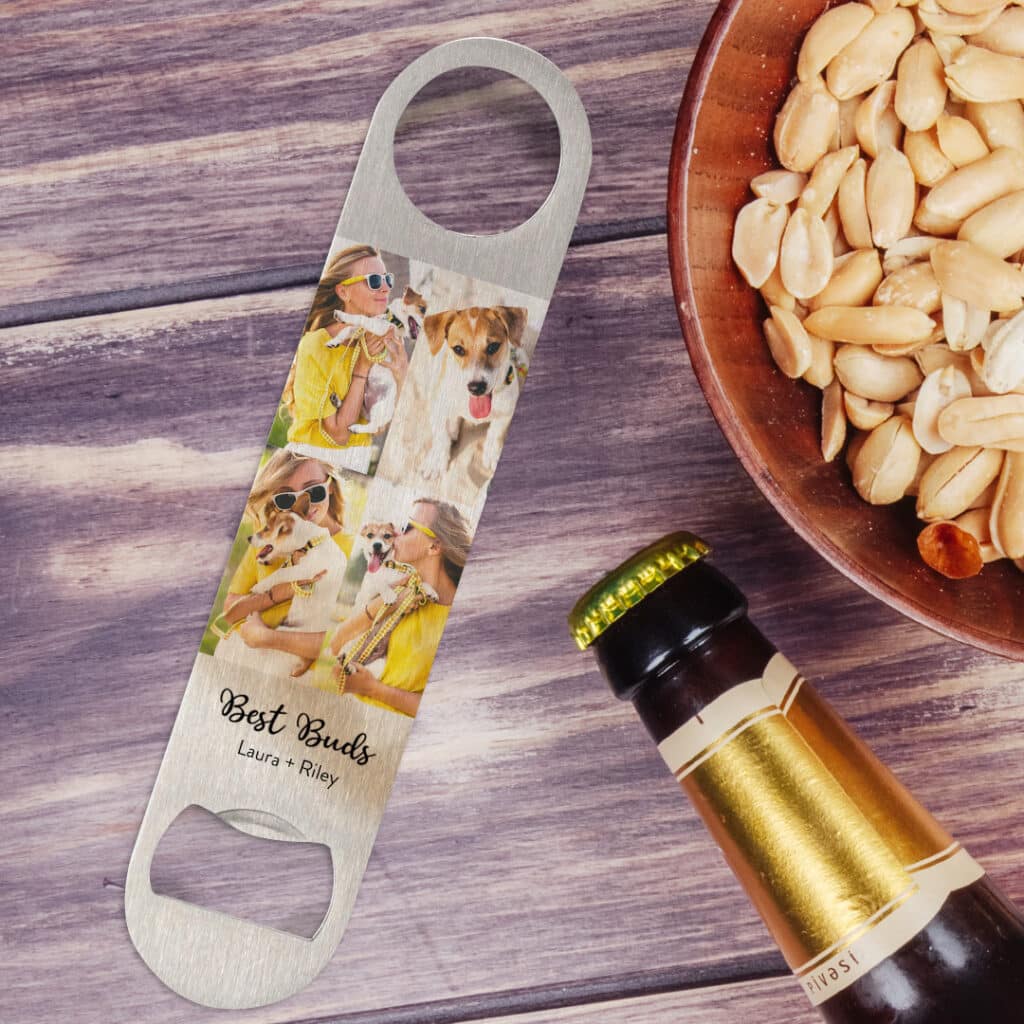 Bottle Opener printed with favourite pictures lying on a table with a drink