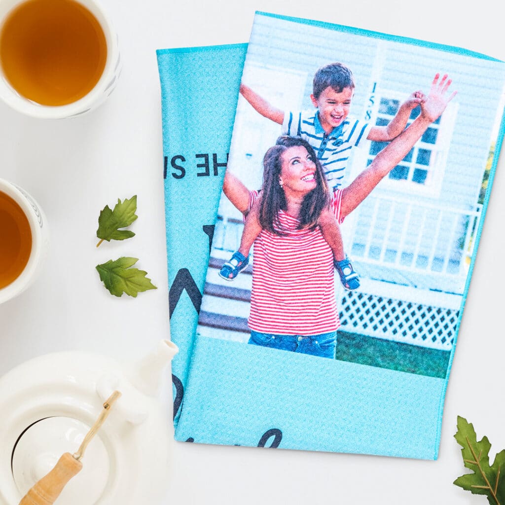Customise a tea towel with photos and text for a unique gift that shows you care