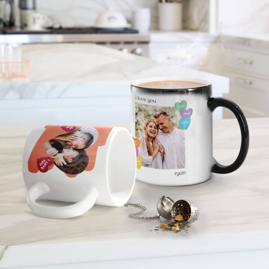 A couple of photo mugs in the foreground with a kitchen background
