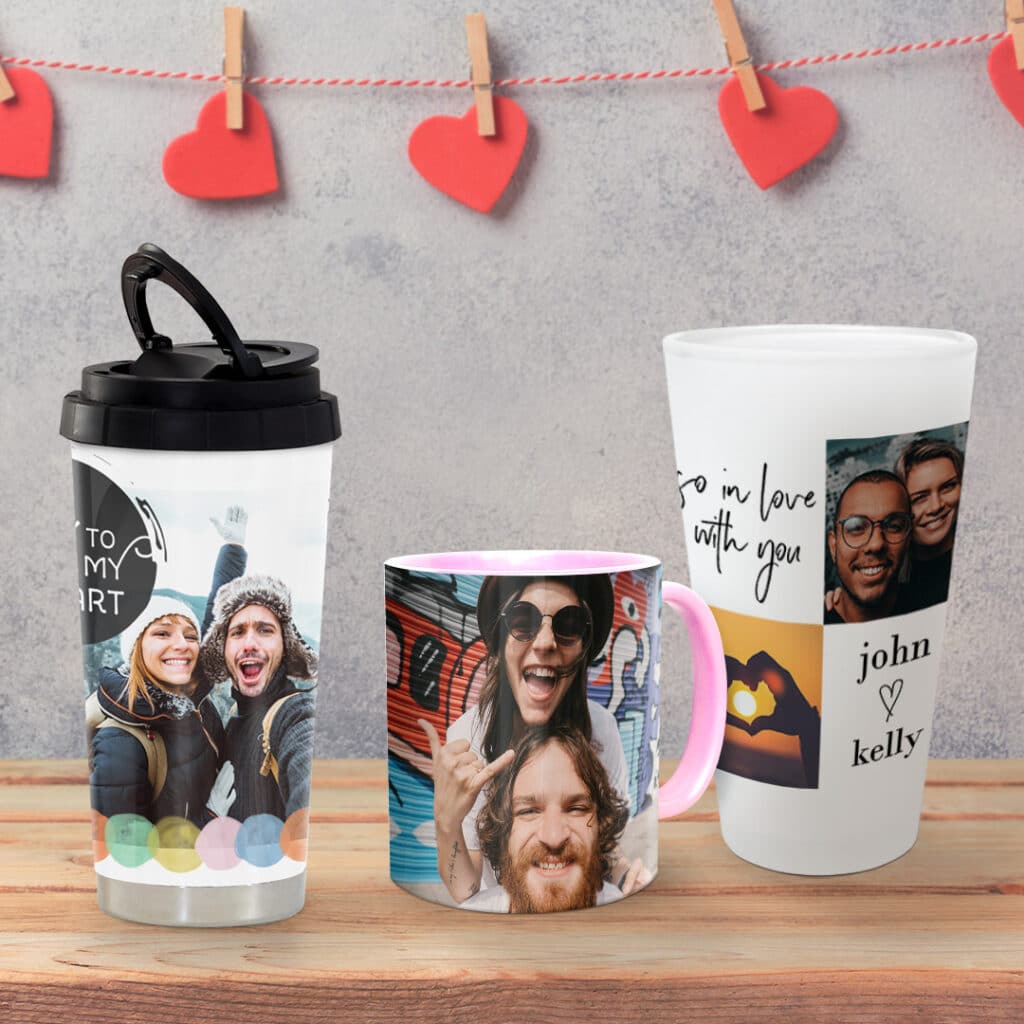 Selection of photo mugs on a table
