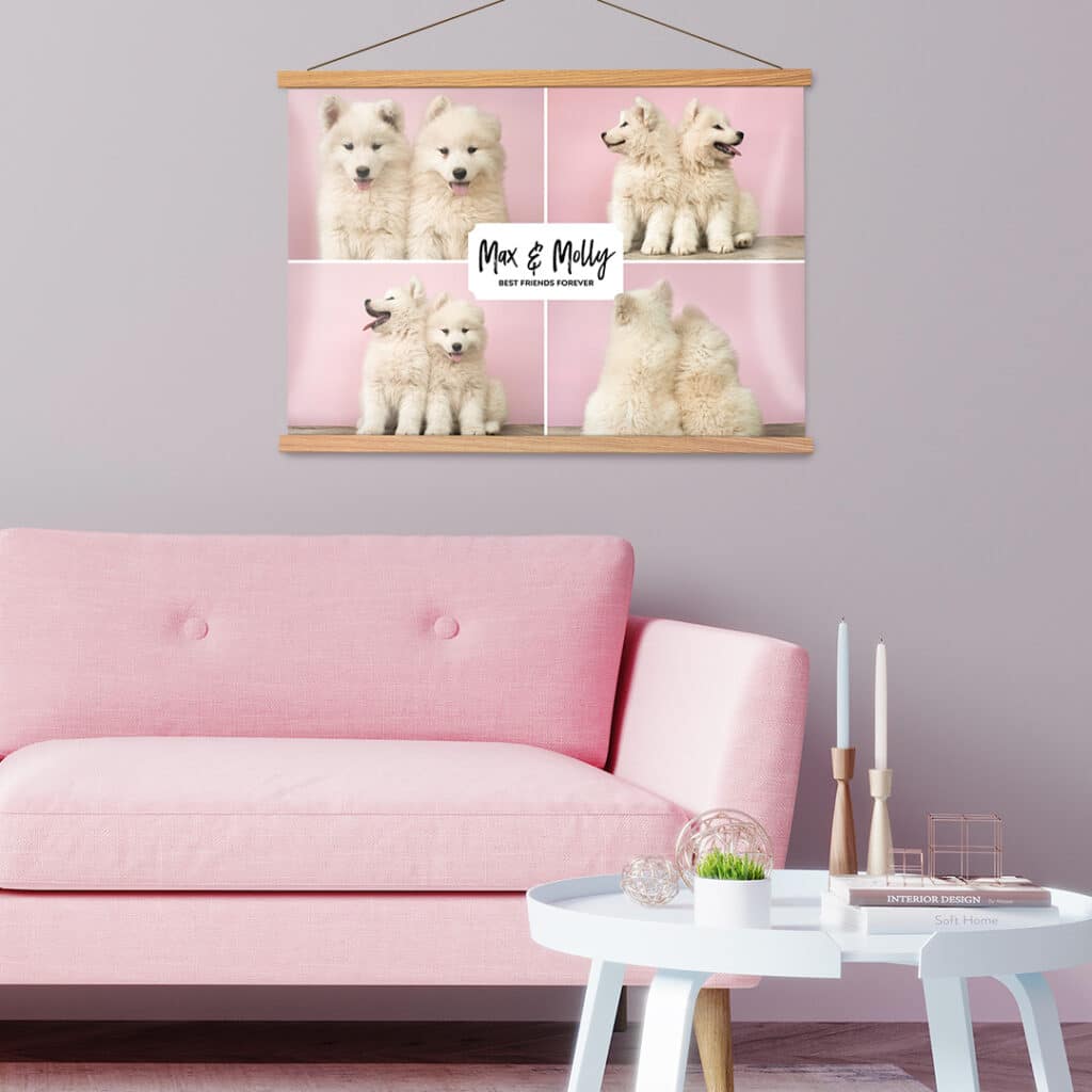 Framed Hanging Poster on a wall in front of a pink couch